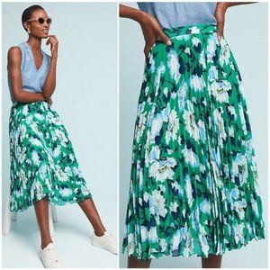 NWT Anthropologie Maeve Claremont Pull On Pleated Midi Skirt Green Floral S $148